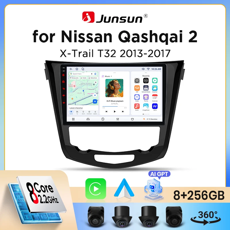 Autoradio Junsun Wireless CarPlay Android Auto per Nissan Qashqai (J11) / X-Trail (T32) 2013-2017 con ventola di raffreddamento integrata, navigatore GPS Android, lettore multimediale, WiFi, DSP, RDS,