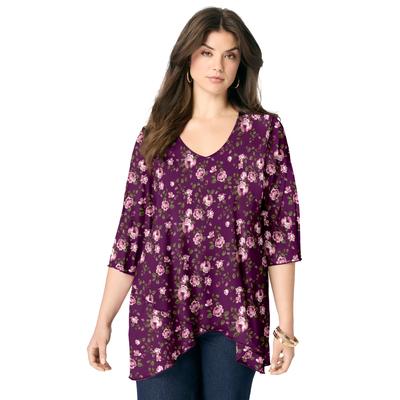 Plus Size Women's Mesh Tulip Hem Tunic by Roaman's in Berry Rose Print (Size 34/36)