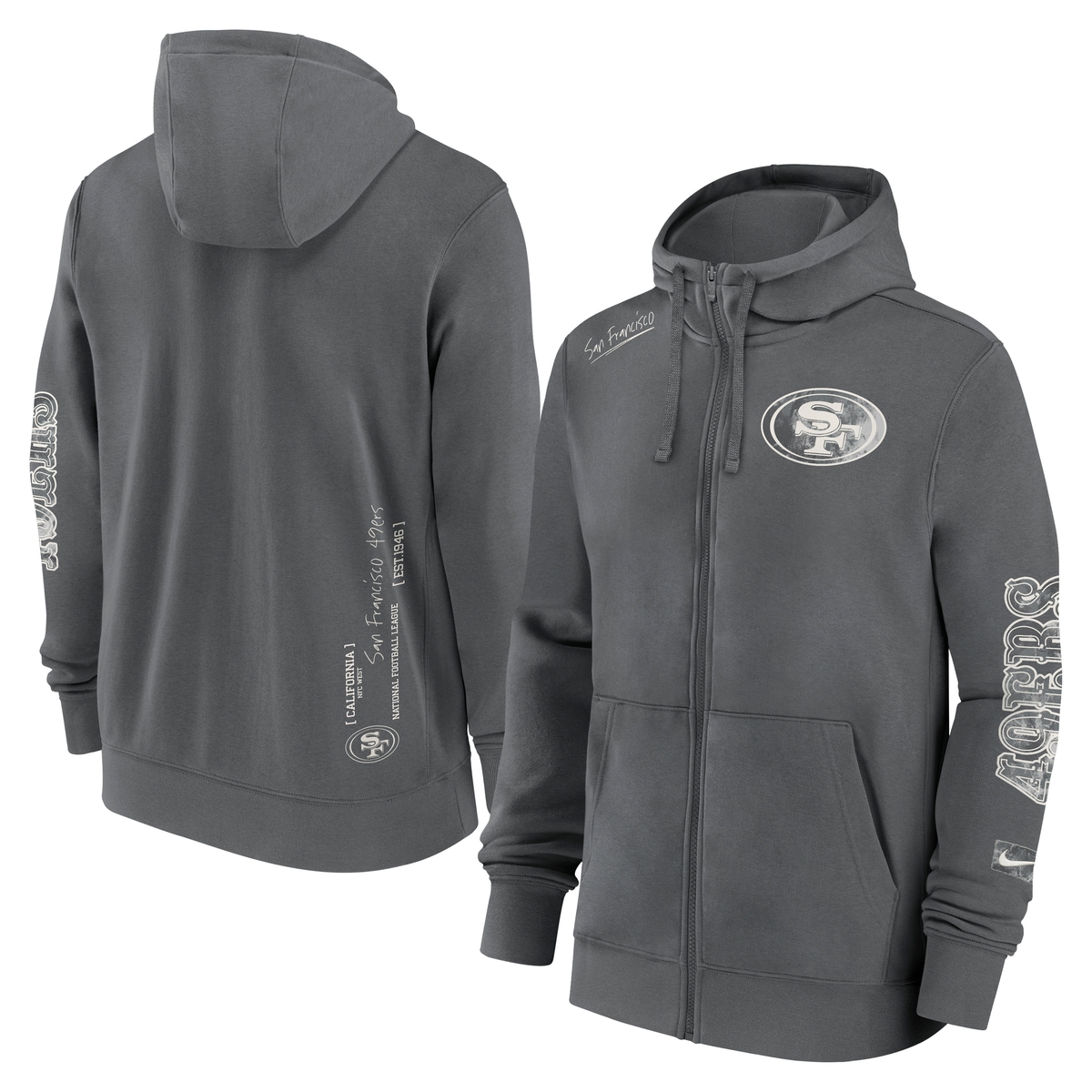 Kapuzenpullover NIKE "Nike Hoodie San Francisco 49ers Nike Full-Zip Fleece", Damen, Gr. M, grau, 82% Baumwolle, 18% Polyester, Pullover Kapuzenpullover