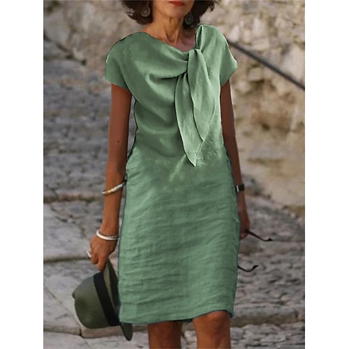 Damen Midikleid Baumwoll Mischung Shiftkleid Weißes Kleid Freizeitkleid Mode Basic Lässig Täglich Outdoor Urlaub Lässiger Schnitt Einfach Kurzarm V Ausschnitt Blau Schwarz Weiß Purpur Sommer Frühling Image