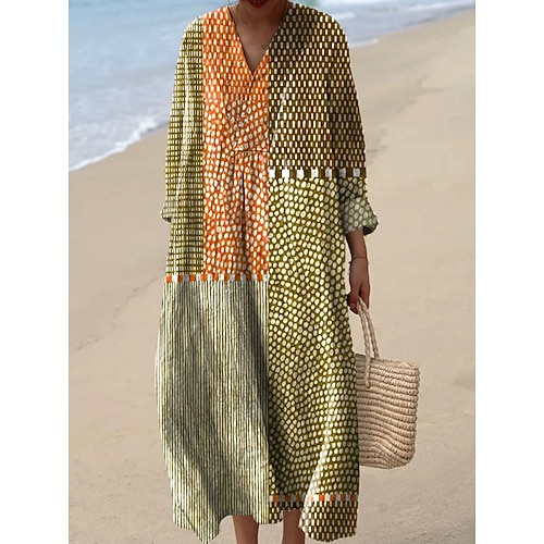 Damen Midi Kleid V-Ausschnitt Langarm Kaftan Leicht Lockerer Schnitt A-Linien Kleid Lässig Boho Ausgehen Grafisch Geometrisch Langarm V-Ausschnitt Dunkelgelb Rot Hellbraun Blau Herbst Image