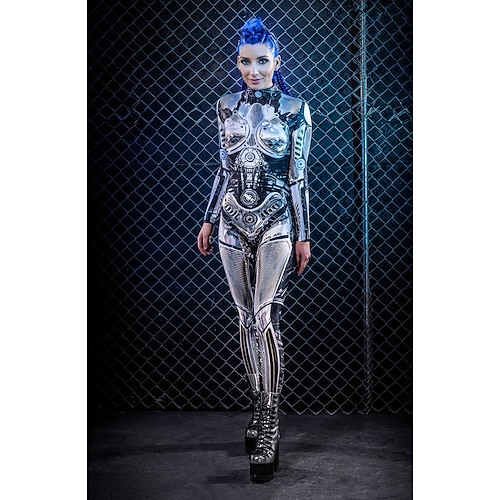Ganzkörperanzug Cosplay Kostüm Bodysuits Ganzkörper-Catsuit Totenkopf Steampunk-Roboter Einteiler Gruseliges Kostüm Kinder Erwachsene Damen Maskerade Karneval Party Halloween Verkleiden