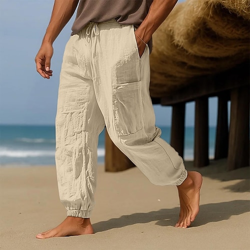 Herren Leinenhosen Hose Sommerhose Baggy-Hosen Elastischer Bund Einfarbig Einfach Komfort Atmungsaktiv Volle Länge Lässig Täglich Ferien Urlaub Mode Schwarz Weiß Mikroelastisch Image