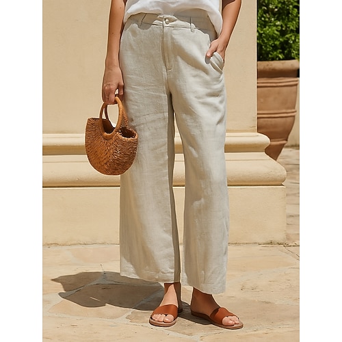 Damen Hose Sommerhose Strandhose Urlaub Basic Lässig Volle Länge Mittlere Taillenlinie Einfach Tasche Weites Bein Komfort Außenbereich Unelastisch Täglich Strand Lässig Schwarz Weiß Grün Khaki Sommer Image