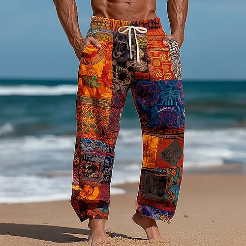 Herren Geometrisch Farbblock Ethnisch Hose Freizeithose Baggy-Hosen Mittlere Taille Böhmische Vintage-Retro Outdoor Urlaub Elastischer Kordelzug in der Taille Leinenähnliche Hose mit Taschen Sommer Image