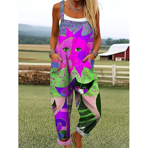 Damen Latzhose Aktiv Grafik Ärmellos Weites Bein Druck Urlaub Straße Lässiger Schnitt Gelb Rote Blau Sommer Image