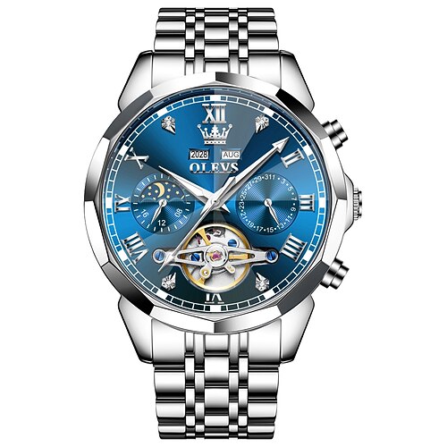 OLEVS Herren Mechanische Uhr Außenbereich Mode Lässig Armbanduhr Automatische Selbstaufzug Mondphase leuchtend Ewiger Kalender Stahl Beobachten Image