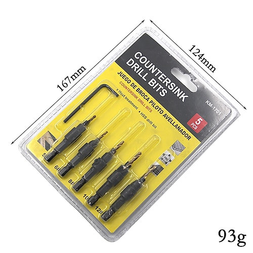 5-teilige Bohrer hss 1/4 Sechskantschaft Senkkopf Blasenschalenmontage Titan Tapper Tool Holzbearbeitung Pilotlochgröße # 5 # 6 # 8 # 10 # 12 mit einem Schraubenschlüssel Image