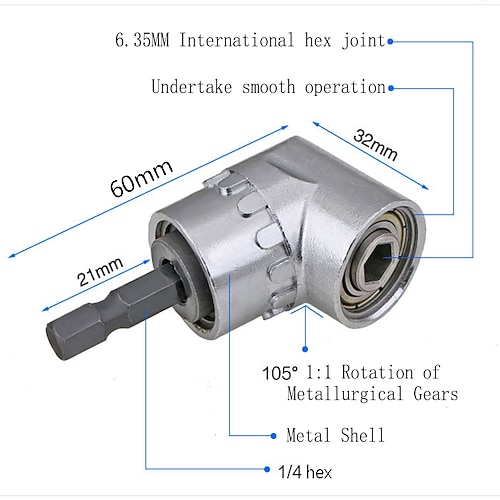 105 Grad rechtwinkliger Bohradapter Schraubendreherkopf Bohrschaft Bit Stahlgelenk mit Winkel 1/4 Sechskant-Bit-Steckschlüssel Schraubendreher Biegeadapter Image