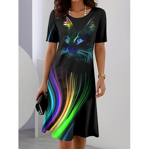 Damen Elegantes Partykleid Abendkleid Midi Kleid Rundhals Kurzarm Shift Kleid Sommerkleid Lässig Alltag Regulär Passform Ombre Grafik Tier Blau Lila Grün Sommer Frühling Herbst Image