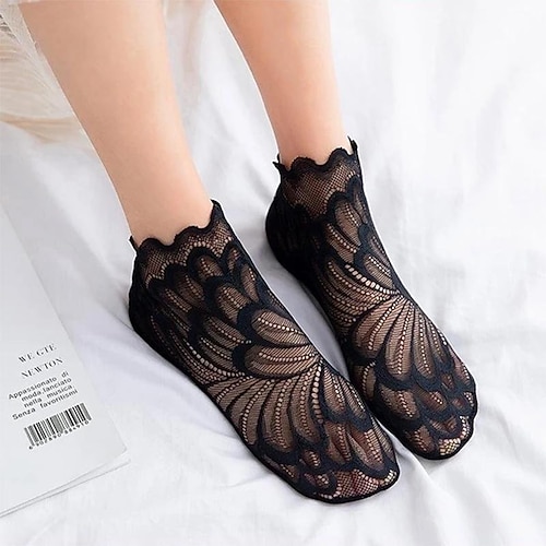 5 Paar tolle Kristall-Pfauensocken, atmungsaktive Spitzen-Söckchen für Damen, transparenter Netzstoff mit Federbesatz, rutschfeste, kurze, süße, niedrig geschnittene Socken Image