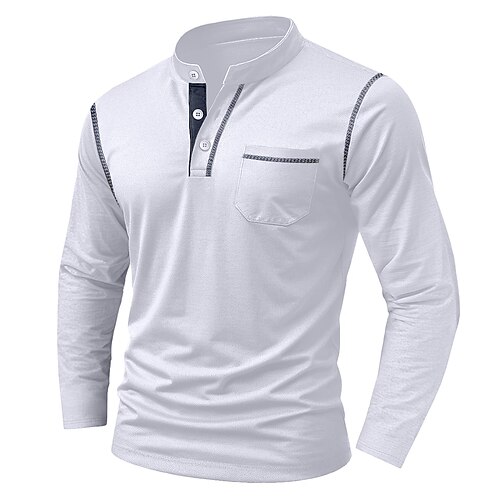 Herren Henley Hemd T-Shirt Langarm Einfarbig Einfach Einheitliche Farbe Mode Designer Lässig Tasche Knöpfe Henley Outdoor Lässig Täglich Sommer Herbst Winter Dunkelgrau Schwarz Weiß Henley T-Shirt Image