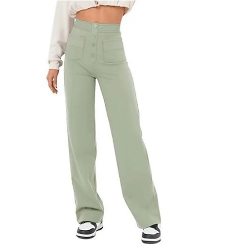 Damen Weites Bein Stoffhosen Gerade Streetwear Lässig Volle Länge Natürliche Taille Einfach Tasche Elastischer Bund Schnalle Bequem Outdoor Straße Ausgehen Apfel Grün Dunkelgrau Rot orange Waldgrün Image
