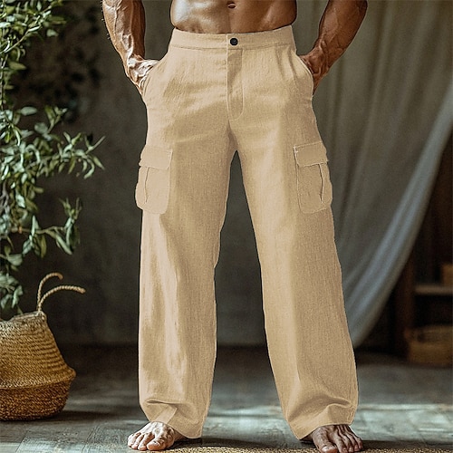 Herren Leinenhosen Hose Sommerhose Strandhose Gerader Schnitt Klappentasche Einfach Komfort Atmungsaktiv Urlaub Täglich Ferien Hawaiianisch Boho Schwarz Weiß Image