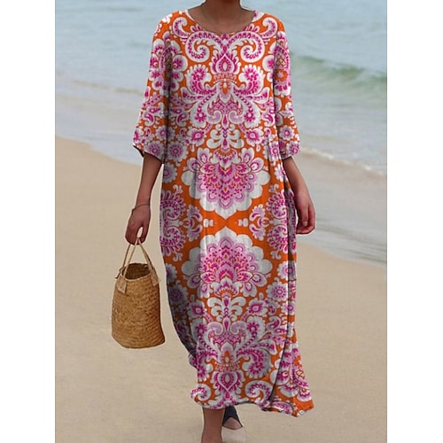 Damen Midikleid Freizeitkleid Druckkleid Vintage afrikanisch Täglich Strand Wochenende Normale Passform Blumen Farbblock Dreiviertelarm Rundhalsausschnitt Gelb Rosa Rote Frühling Herbst Image