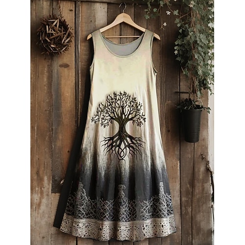 Damen Midi Kleid Boho Vintage Wikinger Keltischer Knoten Verlauf Kunst Sommerkleid A-Linie Kleid Urlaub Lässig Ausgehen Floral Grafik Blatt Ärmellos U-Ausschnitt Image