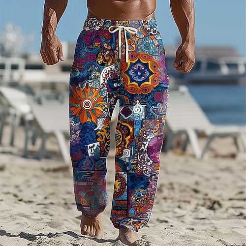 Herren Geometrisch Farbblock Ethnisch Hose Freizeithose Baggy-Hosen Mittlere Taille Vintage-Retro Outdoor Urlaub Elastischer Kordelzug in der Taille Leinenähnliche Hose mit Taschen Sommer Frühling Image