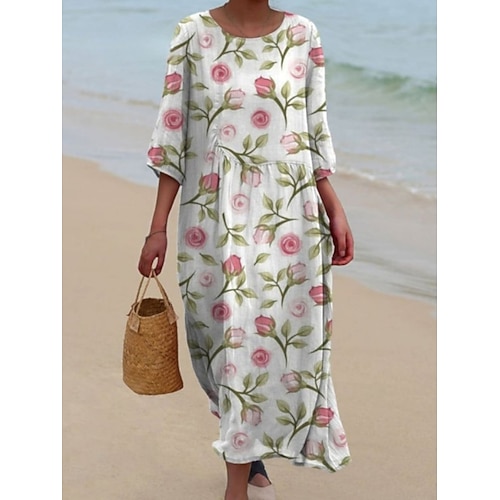 Damen Midikleid Freizeitkleid Druckkleid Mode Modern Täglich Strand Wochenende Normale Passform Blumen Dreiviertelarm Rundhalsausschnitt Weiß Fuchsie Khaki Aprikose Frühling Herbst Image
