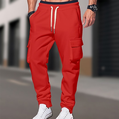 Herren Cargo-Hosen Jogginghose Hose Freizeithose Elastischer Bund Kordelzug Einfarbig Komfort Volle Länge Outdoor Täglich Laufen Urlaub Einfach Schwarz Rote Mikroelastisch Image