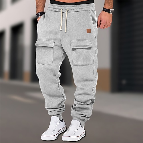 Herren Cargo-Jogginghose Jogginghose Hose Freizeithose Kordelzug Elastischer Bund Mehrere Taschen Einfarbig Komfort Volle Länge Täglich Outdoor Laufen Urlaub Einfach Khaki Hell Gray Dehnbar Image