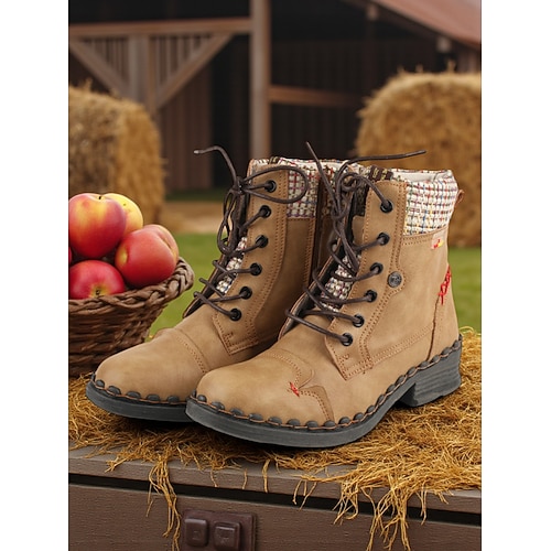 Damen-Retro-Schnürstiefeletten – lässige Vintage-Kampfstiefel mit gewebtem Besatz für Herbstausflüge auf den Bauernhof, Outdoor-Abenteuer und Streetstyle Image