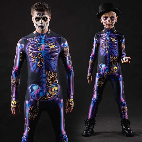Totenkopf Skelett Bodysuit Halloween Gruppenkostüme Paarkostüme Ganzkörper-Catsuit Gruselkostüm Herren Damen Jungen Kinder Erwachsene Performance Party Club Halloween Karneval Tag der Toten einfach Image