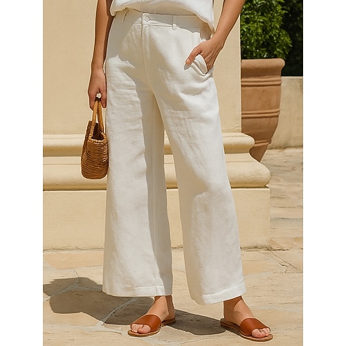 Damen Hose Sommerhose Strandhose Urlaub Basic Lässig Volle Länge Mittlere Taillenlinie Einfach Tasche Weites Bein Komfort Außenbereich Unelastisch Täglich Strand Lässig Schwarz Weiß Grün Khaki Sommer Image