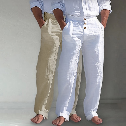 Herren Leinenhosen Hose Sommerhose Strandhose Fronttasche Gerader Schnitt Mehrfachpackung Einfach Komfort Atmungsaktiv Volle Länge Outdoor Geschäft Täglich Urlaub Mode Weiß Khaki Khaki Schwarz Image