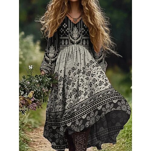 Damen Maxi-Kleid Boho A-Linie Kleid Urlaub Lässig Ausgehen Strand Lockere Passform Floral Grafik Paisley Langarm V-Ausschnitt Tiefgrün Schwarz Weinfarbe Sommer Frühling Herbst Image