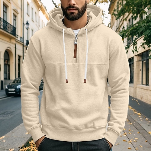 Herren Kapuzensweatshirt Viertelreißverschluss Kapuzensweatshirt Aprikose Schwarz Weiß Burgunderrot Marineblau Mit Kapuze Einfach Patchwork Sport Outdoor Lässig Täglich Streetwear Cool Designer Image