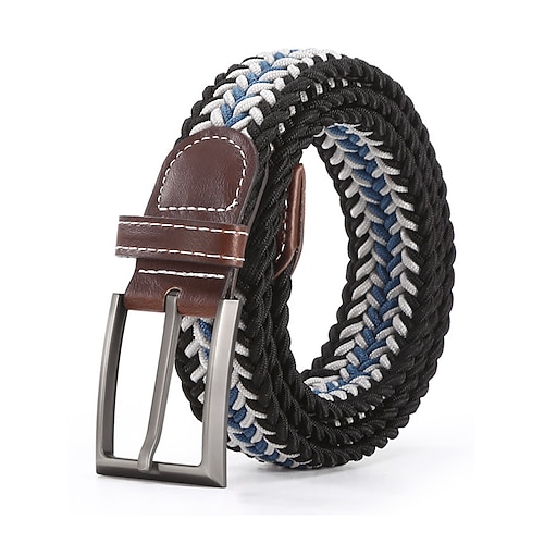 Herren-Stretch-Flechtgürtel mit mehrfarbigem Polyestergewebe – lässiger elastischer Gürtel mit Lederspitze für Jeans, Golf und Alltag Image