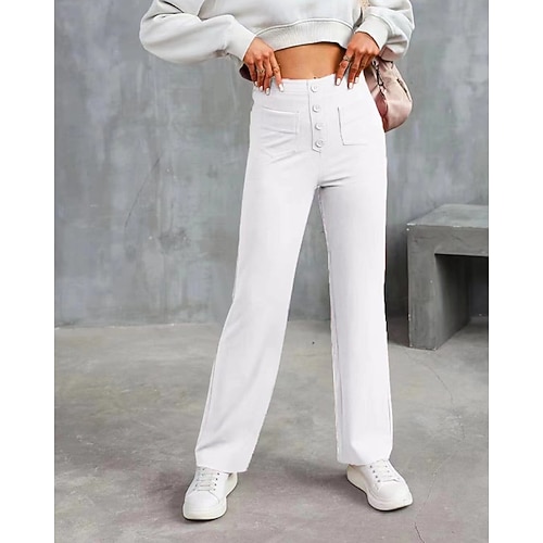 Damen Weites Bein Stoffhosen Gerade Streetwear Lässig Volle Länge Natürliche Taille Einfach Tasche Elastischer Bund Schnalle Bequem Outdoor Straße Ausgehen Apfel Grün Dunkelgrau Rot orange Waldgrün Image