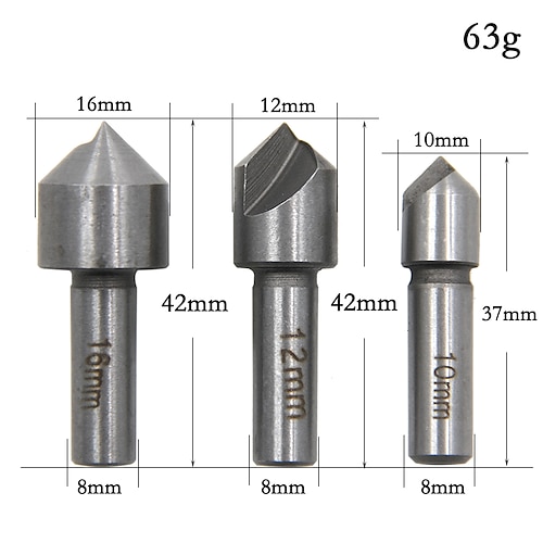 Hochwertiger HSS-Senker, 3-teiliges Bohrerset für Stahl und Hartmetalle, 10 mm, 12 mm, 16 mm Schnellarbeitsstahl, Kammerbohrung Image