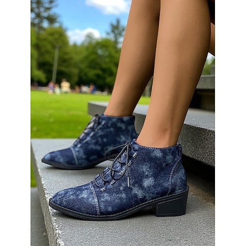 Damen-Schnürstiefeletten aus blauem Denim – lässige Stiefeletten mit klobigem Absatz für Parkspaziergänge, Wochenendausflüge und den Alltag Image
