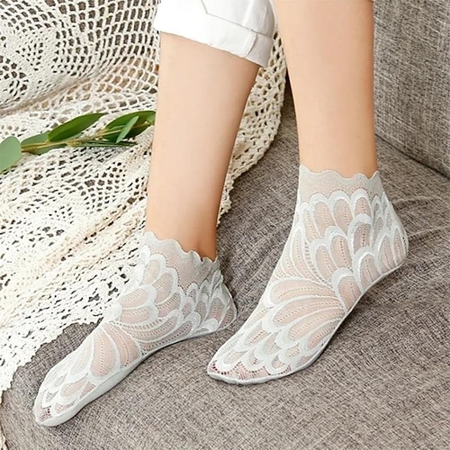 5 Paar tolle Kristall-Pfauensocken, atmungsaktive Spitzen-Söckchen für Damen, transparenter Netzstoff mit Federbesatz, rutschfeste, kurze, süße, niedrig geschnittene Socken Image