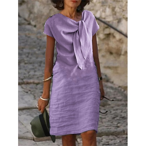 Damen Midikleid Baumwoll Mischung Shiftkleid Weißes Kleid Freizeitkleid Mode Basic Lässig Täglich Outdoor Urlaub Lässiger Schnitt Einfach Kurzarm V Ausschnitt Blau Schwarz Weiß Purpur Sommer Frühling Image