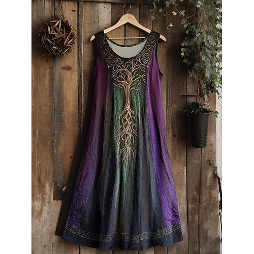 Damen Midi Kleid Boho Vintage Wikinger Keltischer Knoten Verlauf Kunst Sommerkleid A-Linie Kleid Urlaub Lässig Ausgehen Floral Grafik Blatt Ärmellos U-Ausschnitt Image