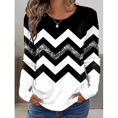 Damen T-Shirt Crew Neck Langarm Tunika Grafik Geometrisch Gestreift Vintage Stylisch Rundhals Reguläre Oberteile Tagesdruck Schwarz und Weiß Herbst Image
