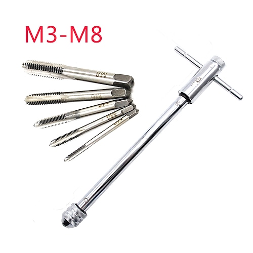 Einstellbarer silberner T-Griff Ratschen-Gewindebohrerhalter mit 5 Stück m3-m8 Maschinengewinde metrischem Stecker T-förmiger Gewindebohrer Image