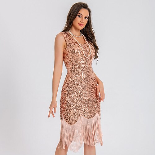 Retro Vintage Goldene Zwanziger 1920er Über dem Knie Knielang Flapper Kleid Cocktailkleid Ärmellos Der große Gatsby Flapper-Mädchen Pailletten Fransen V Ausschnitt Kostüm Damen Weihnachten Karneval Image