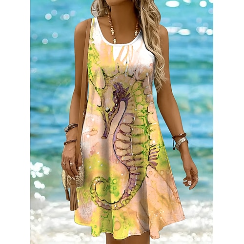 Damen Minikleid Sommerkleid A Linie Kleid Schulterfreies Kleid Urlaub Lässig Ferien Strand Normale Passform Ombre Grafik Tiermotiv Ärmellos Rundhalsausschnitt Gelb Rosa Blau Purpur Sommer