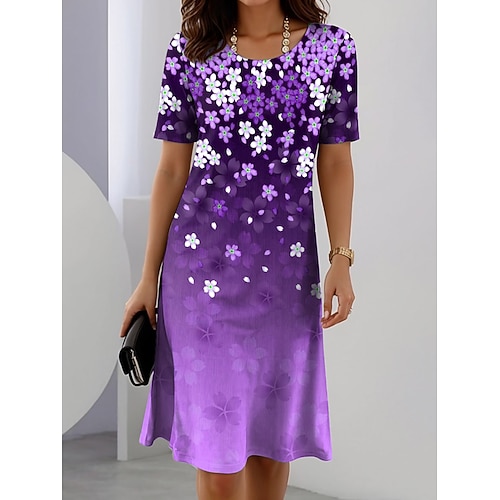 Damen Elegantes Partykleid Abendkleid Midi Kleid Rundhals Kurzarm Shift Kleid Sommerkleid Lässig Alltag Regulär Passform Floral Grafik Rot Blau Lila Grün Sommer Frühling Image