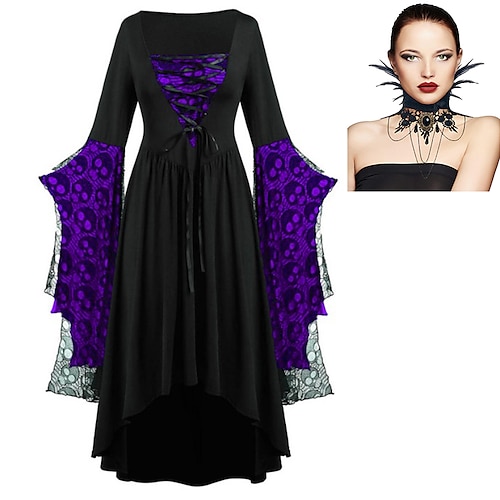 Set mit Fledermauskleid, Federkragen, Spitzenhalskette, 2-teiliges Outfit, Retro-Vintage-Punk, Gothic, Steampunk, mittelalterliches Kleid, bösartige Hexen, Damen-Cosplay-Kostüm, Halloween, Party, Club Image