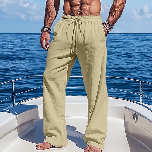 Herren Leinenhosen Hose Sommerhose Baggy-Hosen Strandhose Kordelzug Elastischer Bund Gerader Schnitt Einfach Komfort Atmungsaktiv Volle Länge Outdoor Lässig Täglich Urlaub Mode Schwarz Weiß Image