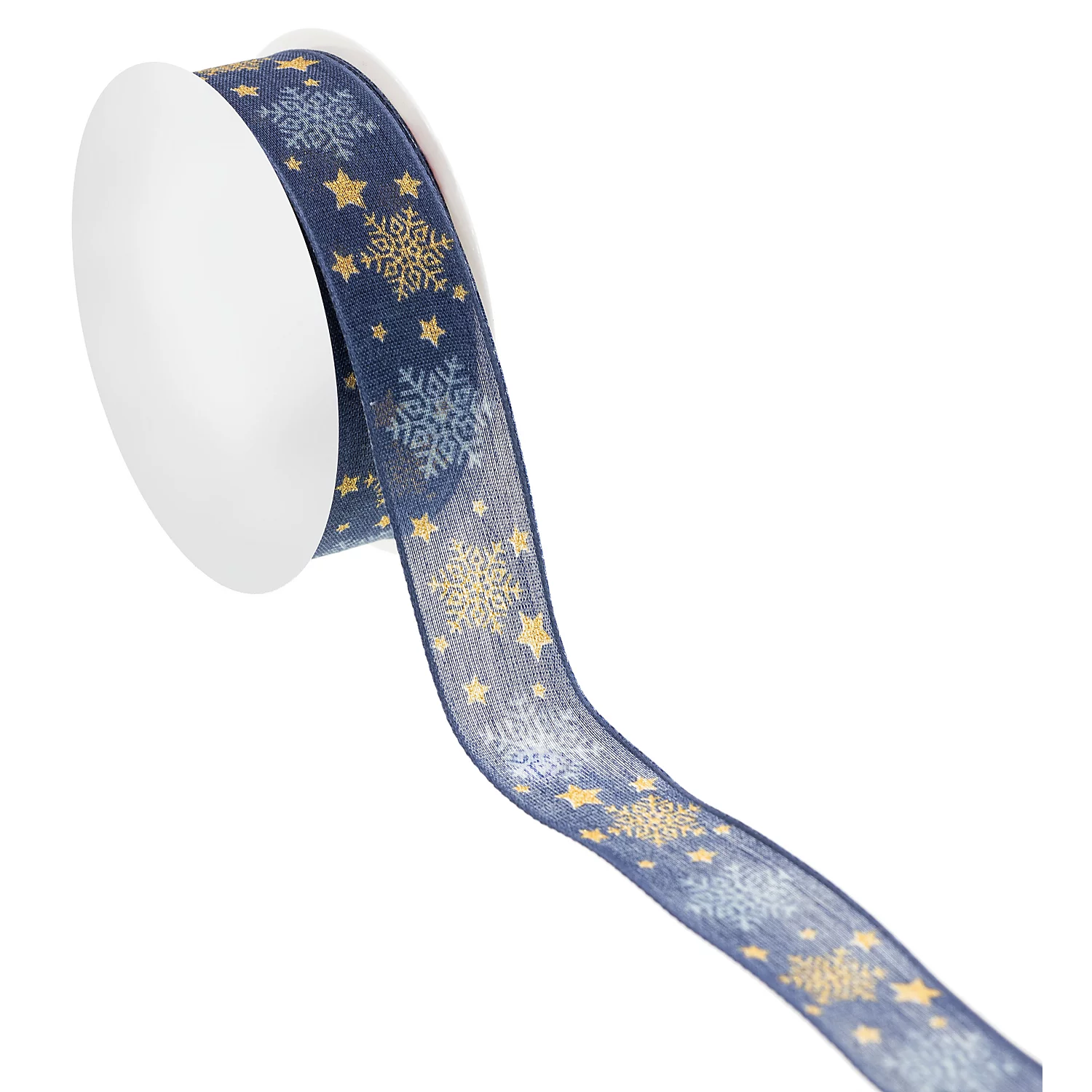 Stoffband Schneeflocken, blau-gold, 25 mm, 5 m