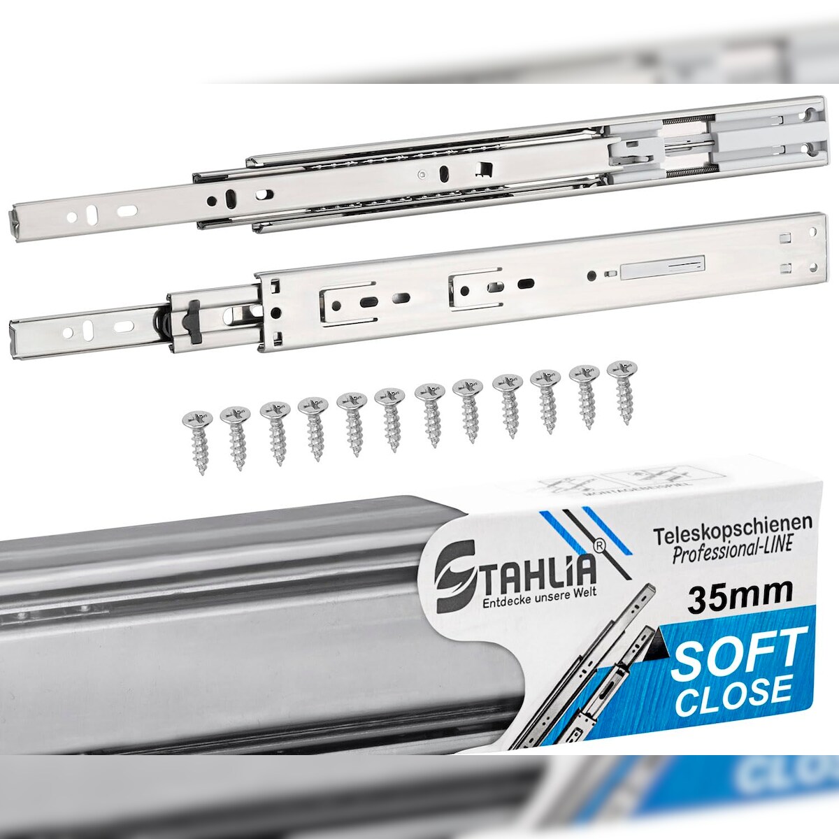ID Dinkel 8x Schubladenschienen Softclose 35mm 4 Paar Länge 600mm Teleskopschienen mit Selbsteinzug Dämpfung Image