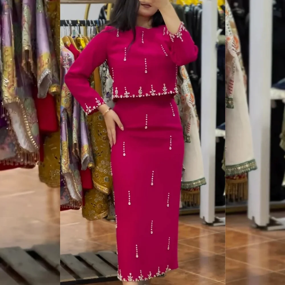 Customized Jersey Rhinestone Straight O-Neck Midi Dresses Bespoke Occasion Homecoming Classic Simple Matching