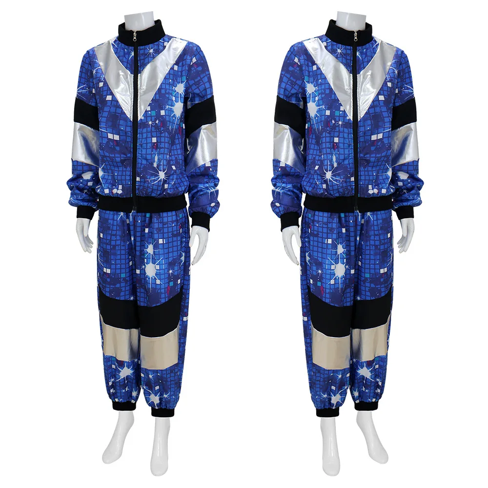 Damen Herren Kostüm 80er 90er Anzug Party Zubehör Disco Jacke Hose Outfit Damen Herren Kostüm Trainingsanzug für Karneval Image