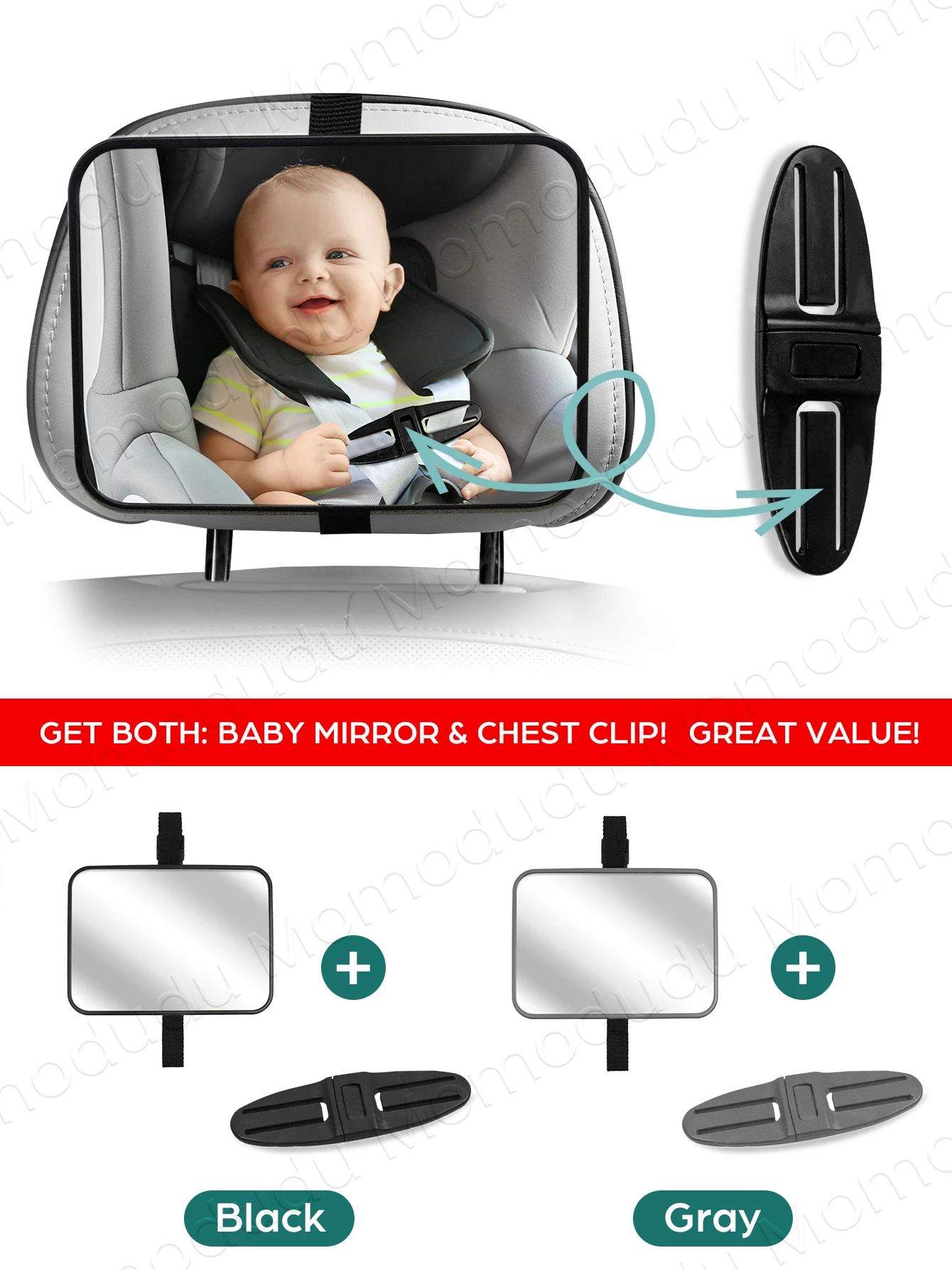 Baby-Auto-Spiegel- und Brustclip-Set, universell passend für Baby-/Kindersitze, Fahrüberwachung und sicheres Schnallen Image
