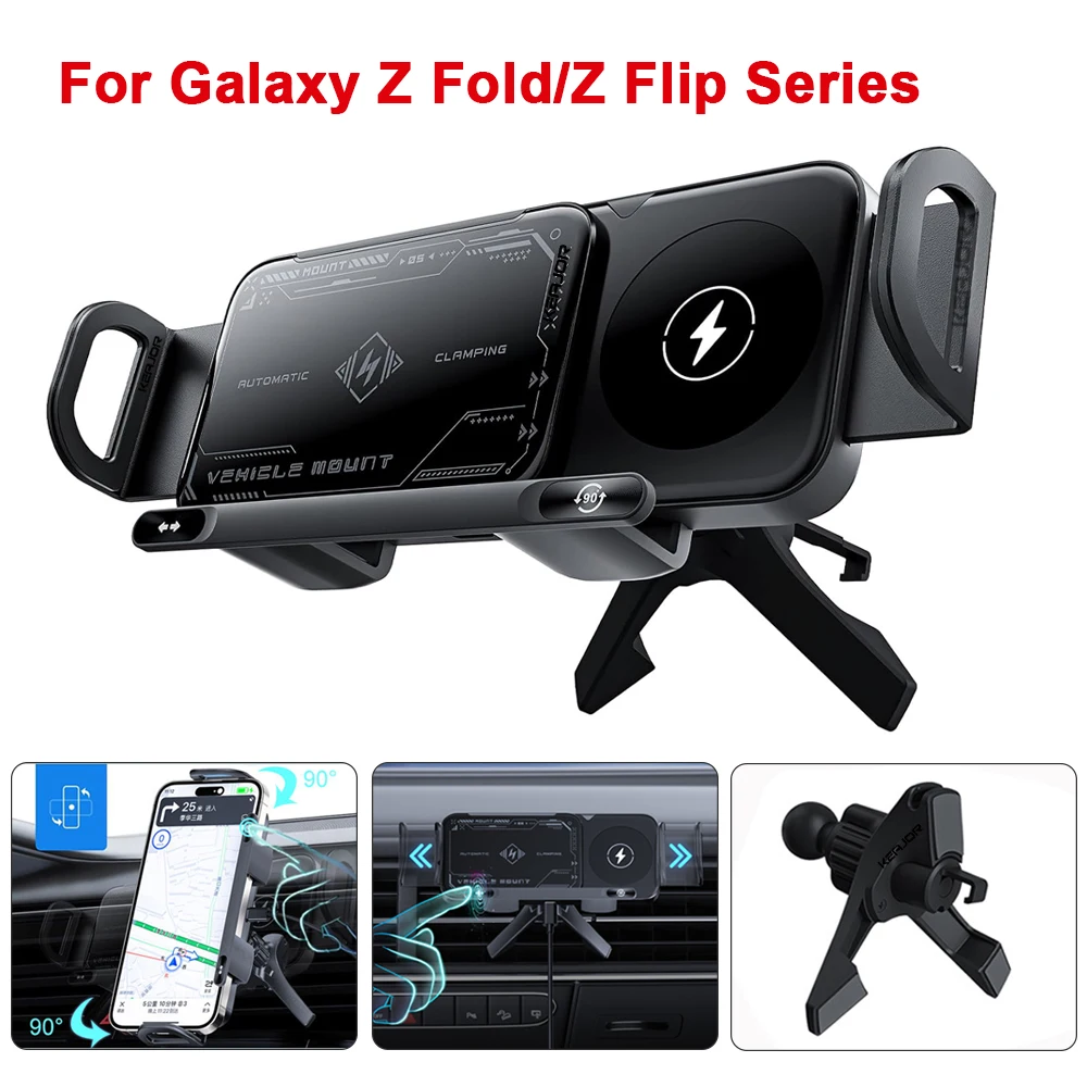 Caricabatteria wireless per auto per Samsung Galaxy Z Fold 5 6 Flip 4 Stazione di ricarica per telefono con schermo pieghevole a doppia bobina Supporto per telefono per auto con presa d'aria